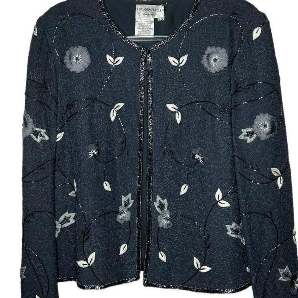 Adrianna Papell Evening Silk Beaded Floral Jacket Blue Black Size 14